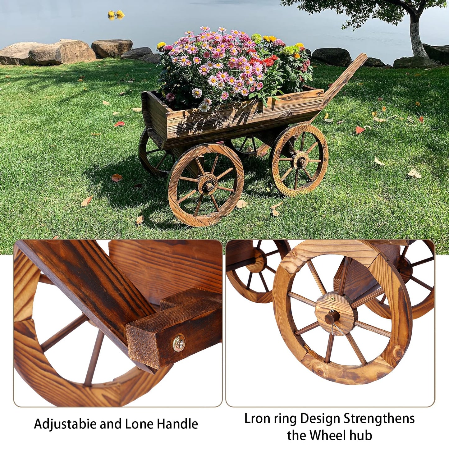 FUCIHOMA Wood Wagon Flower Planter Pot Stand W/Wheels Home Garden Outdoor Decor