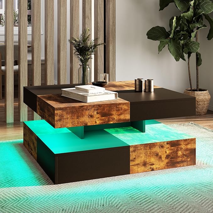 HedoAjim LED Coffee Table for Living Room, Living Room Table 2-Tier Square