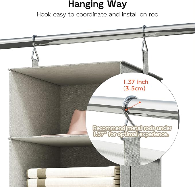 Vailando 6-Shelf Hanging Closet Organizer with 3 Drawers, Closet Hanging Shelves with Removable Fabric Drawers for Wardrobe, Nursery & Dorm Storage, Silver Gray