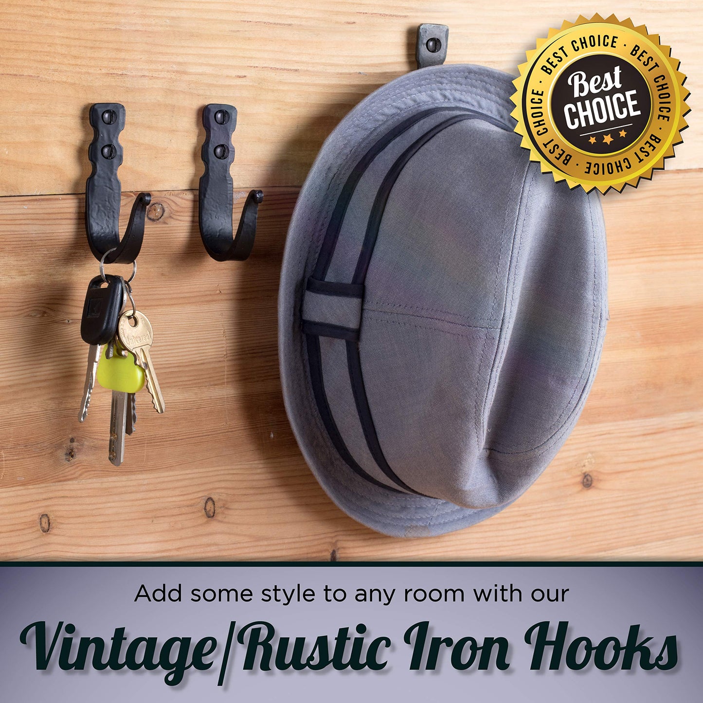 Stur-De Wrought Iron Wall Hooks – Heavy Duty Black Decorative Hooks for Hanging Coats, Bags, Hats & Towels | Rustic Metal Wall Hangers, Set of 3
