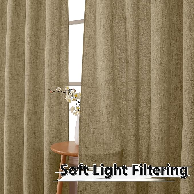 Tollpiz Linen Curtains Living Room Rod Pocket Semi Sheer Curtain Burlap Light Filtering Thick Linen Drapes for Bedroom, 38 x 63 inches Long, Taupe, Set of 2 Panels