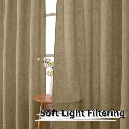 Tollpiz Short Linen Curtains Living Room Rod Pocket Semi Sheer Curtain Burlap Light Filtering Thick Linen Drapes for Bedroom, 54 x 54 inches Long, Taupe, Set of 2 Panels