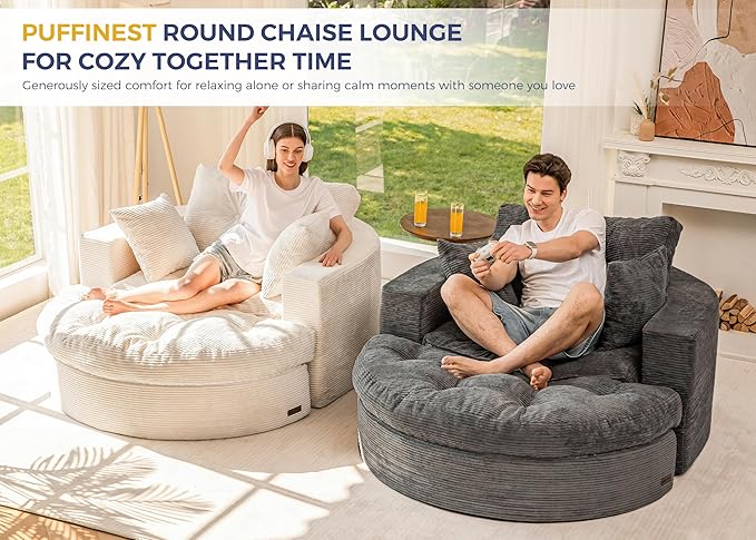 MAXYOYO Oversized Round Chaise Lounge Sofa, Upholstered Lounge Chair