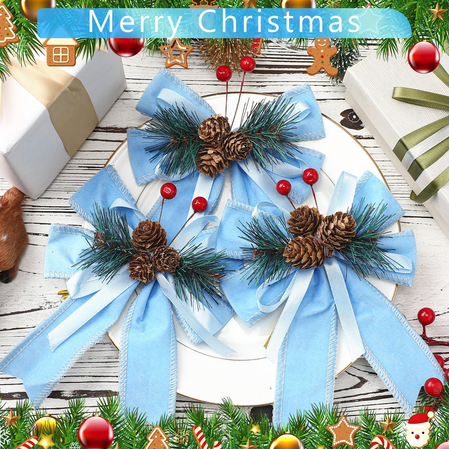 Syhood 6 Pcs Christmas Velvet Bow with Pine Cones Pine Needles Berries Xmas Bright Blue Ribbon Bow Ornaments 6.3 x 5.1 Inch for Christmas Tree Wreath Garden Fireplace Crafts DIY Decor