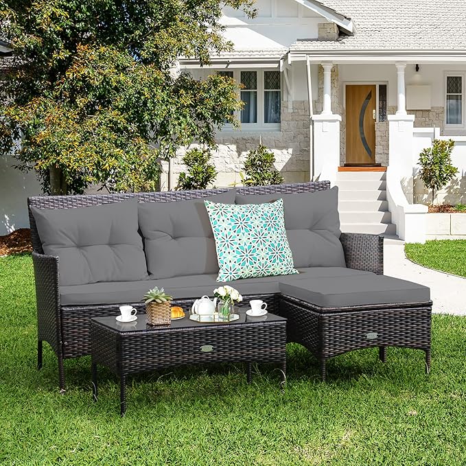 Tangkula 3 Pieces Patio Conversation Set, All Weather Outdoor PE Rattan Wicker