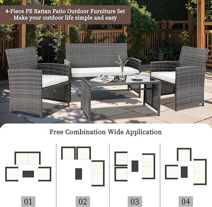 4 Piece Patio Ratten Set Outdoor Furniture Set Wicker Conversation Set