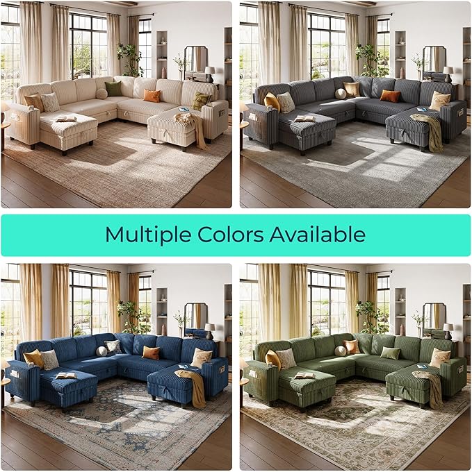 LINSY HOME Sectional Sofa with Pull Out Bed, 7 Seats Corduroy Reversible