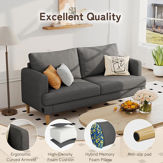 70" Modern Loveseat Sofa with USB Type-C Ports, Linen Fabric 2-Seater Deep Seat