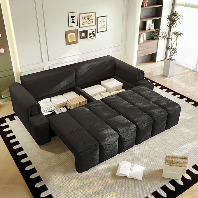KEIKI 90.2" Modern 3-in-1 Sleeper Sofa Bed – Teddy Fabric 4-Seater Couch