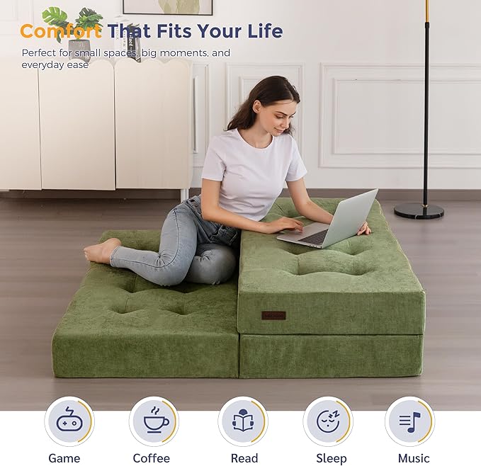MAXYOYO 6" Folding Sofa Bed for Floor, Tufted Tri-Fold Floor Mattress