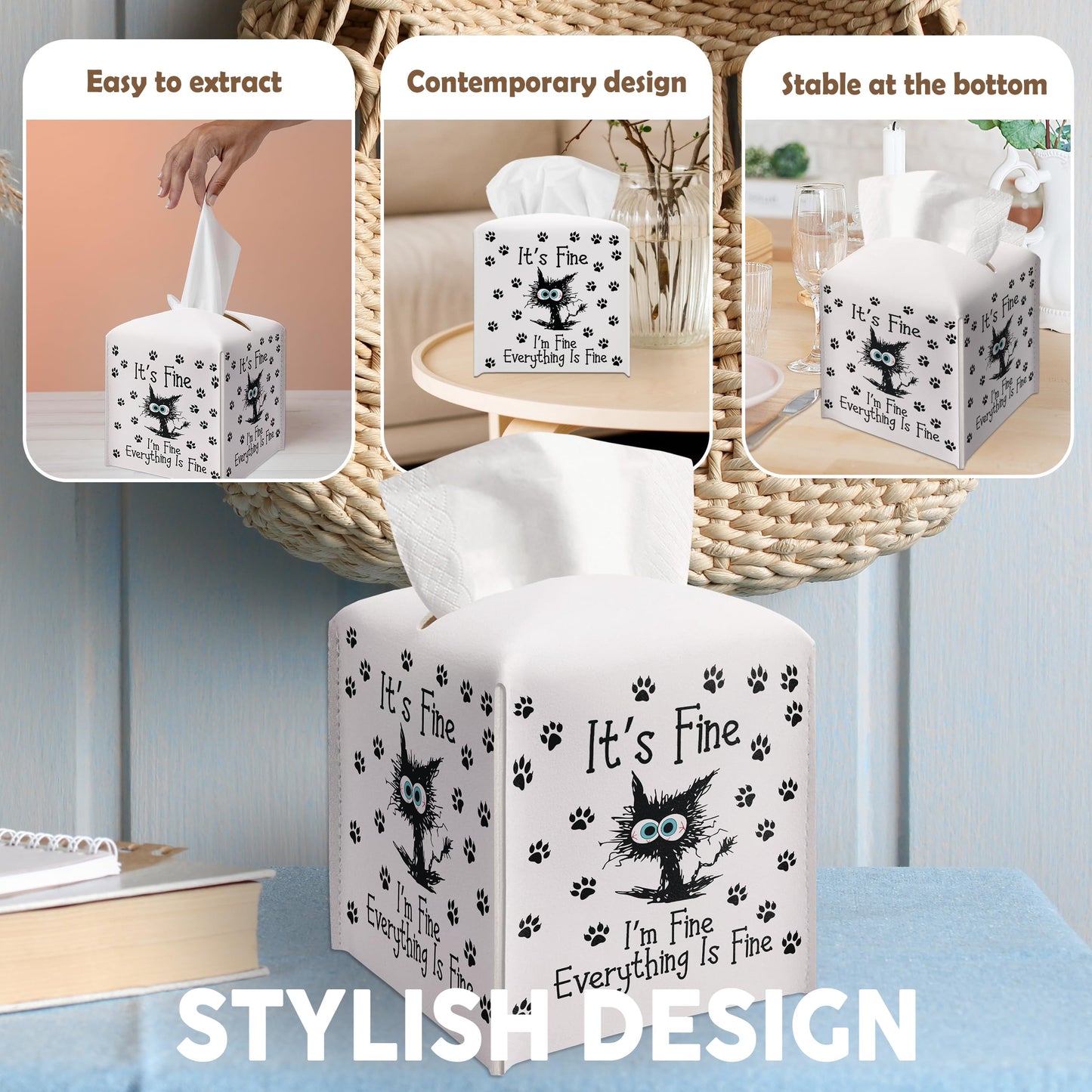 Little Cat Tissue Box Cover Square, Leather Tissue Box Cover Holder with Belt Bottom, Inspirational Quote Gift Ideas for Friends, It's Fine Desk Decor for Bathroom Office-(5.2 Inches) A31