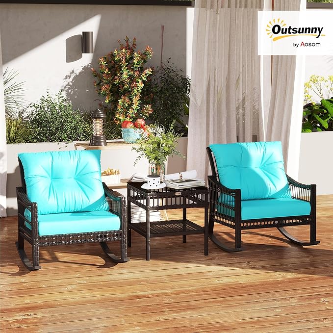 Outsunny Wicker Outdoor Rocking Chair Set, 3 Piece Patio Furniture Set