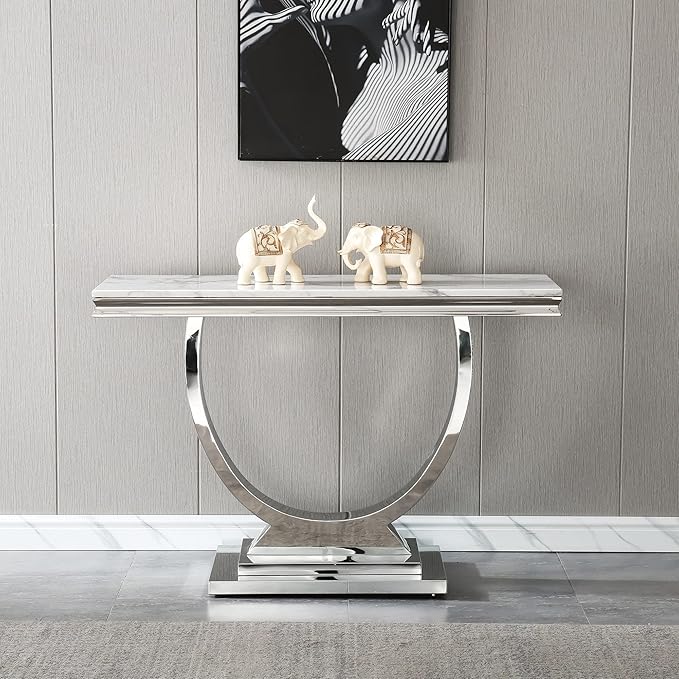 Henf 47" Marble Console Table Modern White Faux Marble Entryway Table