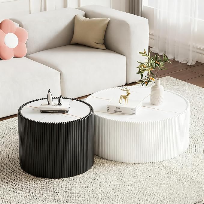2-Piece Round Nesting Coffee Table Set, 29.52" Marble Coffee Table and End