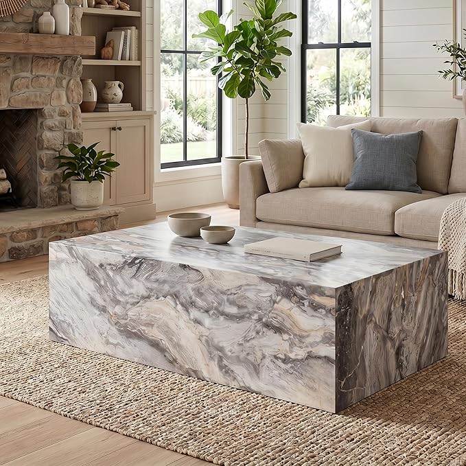 Coffee Table, Modern Faux Marble Living Room Table in Grey