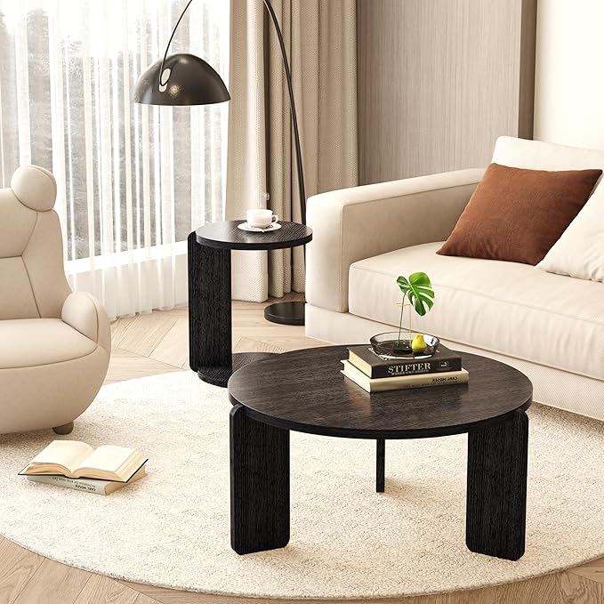 GDFStudio Round Nesting Coffee Table Set of 2, Modern Wooden Accent Side Table