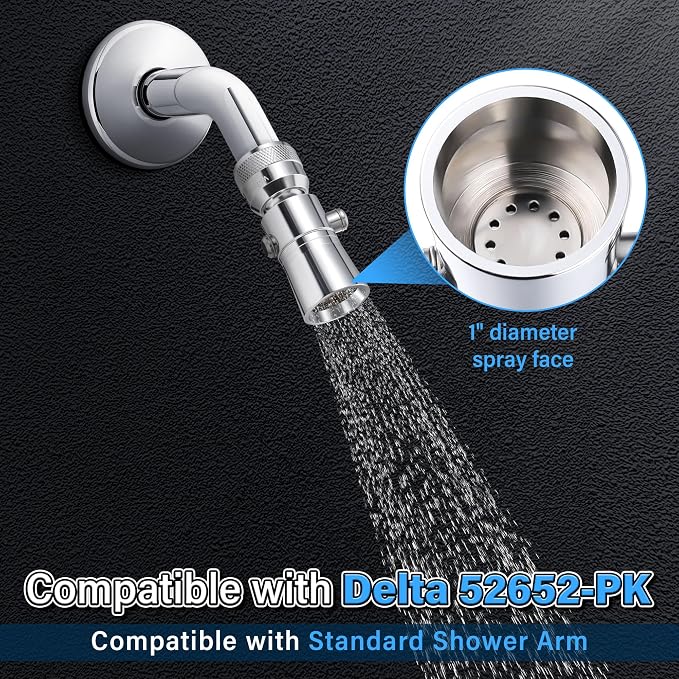 Enhon 2 Setting Pivoting Single Spray Shower Head with Shut Off Valve Replacement for 52652-PK Compatible with Delta Shower 2.5 GPM Brass Water Saving Shower Head Chrome 1" Diameter Spray Face (2 Set)