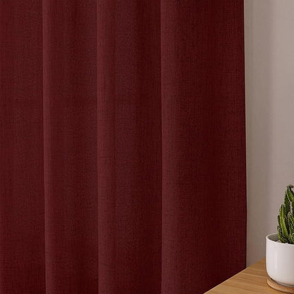 Tollpiz Short Linen Curtain Bedroom Rod Pocket Semi Sheer Curtains Burlap Light Filtering Thick Linen Drape for Living Room, 38 x 54 inches Long, Burgundy Red, Set of 2 Panels