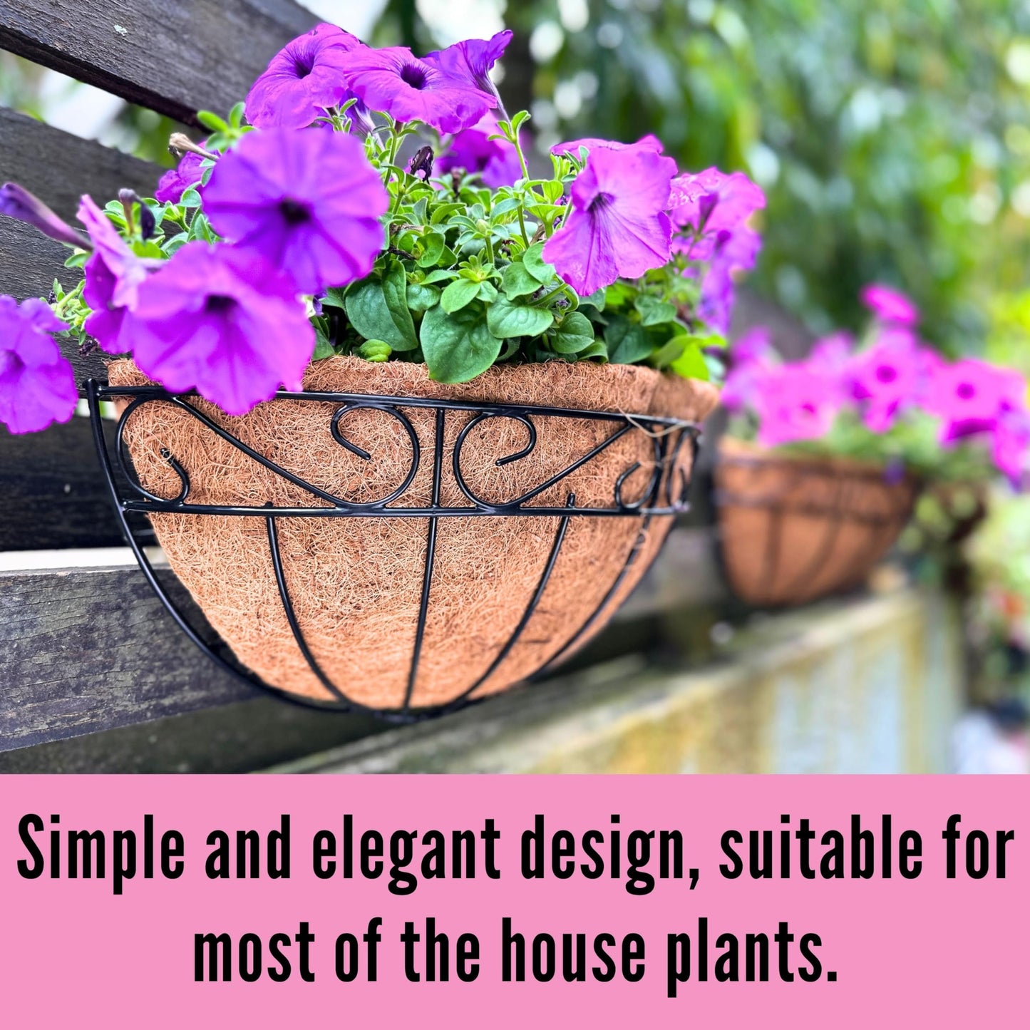 LaLaGreen 16 Inch Wall Hanging Planters - 2 Pack, Large Wall Mounted Flower Basket with Coco Liner, Black Metal Horse Trough Window Herb Pot Holder Outdoor Plants Fence Rail Railing Deck Porch Balcony