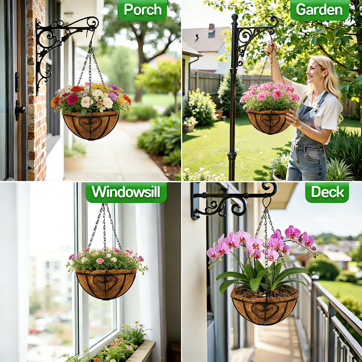 QCQHDU 2 Pack 10 inch Metal Hanging Orchid Baskets for Plants Outdoor, Hanging Orchid Planter Basket with Coco Liners, Orchid Pots with Holes for Garden, Patio, Deck, Porch Plants(Love)