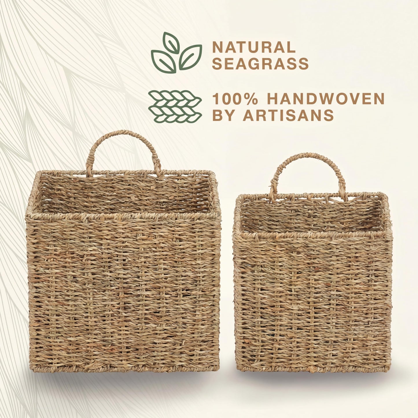 Set of 2 Wicker Hanging Basket for Organizing, Front Door, Mail, Flowers - Woven Wall Baskets for Storage (Natural Seagrass)
