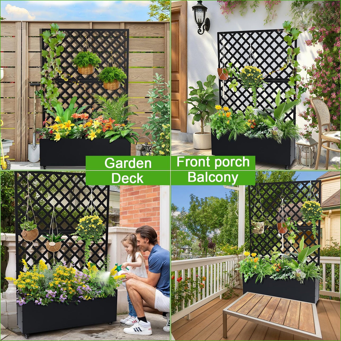 Metal Raised Garden Bed with Trellis & Wheels, 72.83"x46.46"x11.81" Galvanized Metal Planter Box with Drainage Holes & Privacy Screen for Patio Balcony Climbing Plants Flowers Vegetable, Black