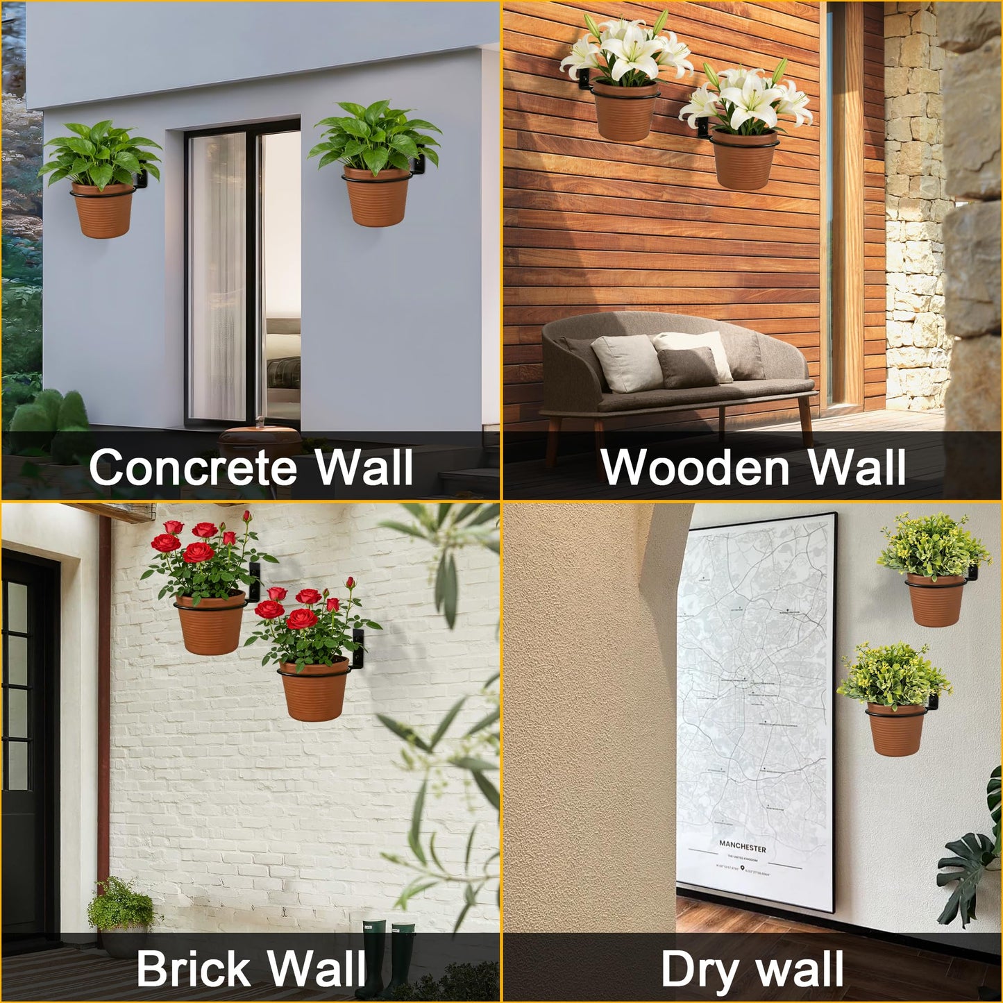 WYIPOLZI 6 Pack 4 Inch Flower Pot Holder Ring Wall Mount, Metal Plant Holder Rings with 12 Screws & 12 Bolts, Potted Planter Brackets for Indoor Outdoor Garden, Patio,Black
