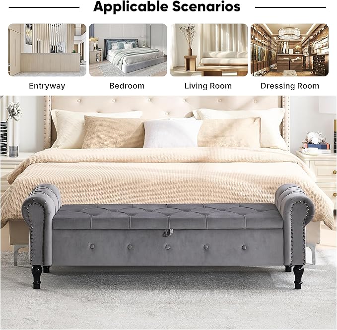 67" Storage Bench for Bedroom, Velvet End of Bed Bench, King Size Bench