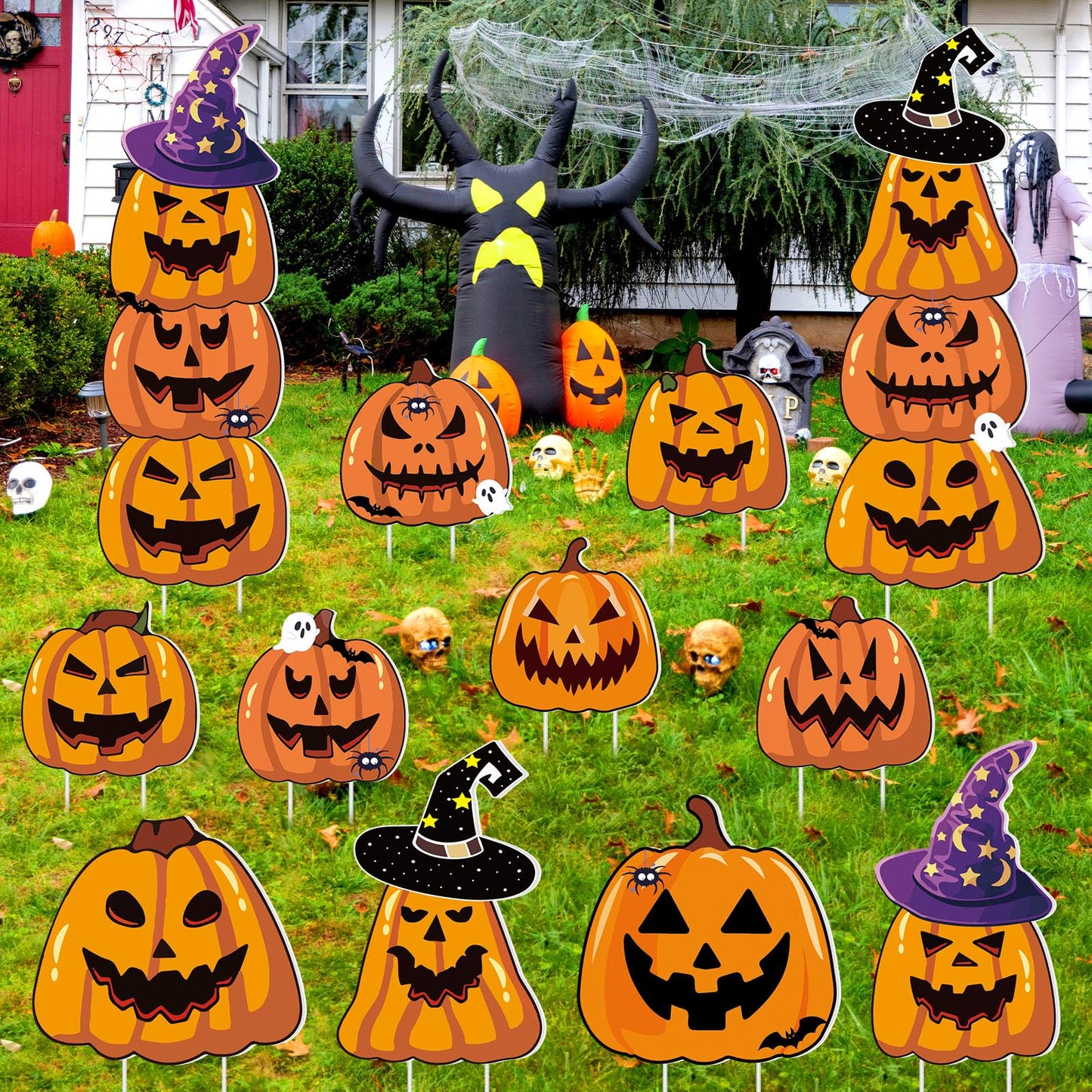 Amyhill 12 Pcs Halloween Pumpkin Yard Signs for Outdoor Spooky Ghost Jack O 16 Pcs Pumpkin with Witch Hats Lawn Stakes Trick or Treat Yard Decorations for Halloween Garden Stack Prop Home Party Decor