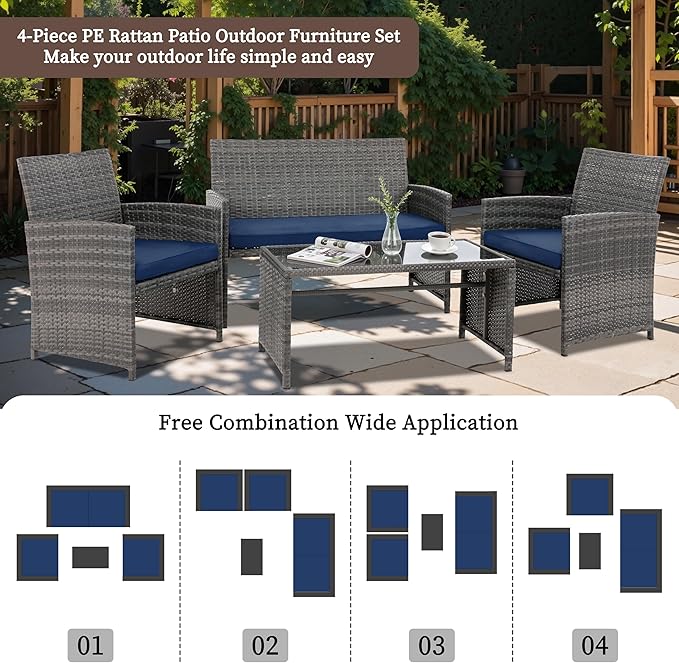 4 Piece Patio Ratten Set Outdoor Furniture Set Wicker Conversation Set