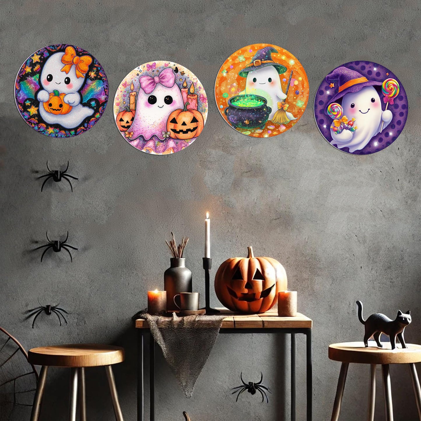 TracyArt Halloween Wall Decor, Horror Gifts - Cute Ghosts, Halloween Poster, Horror Decor, 4 pcs 12"