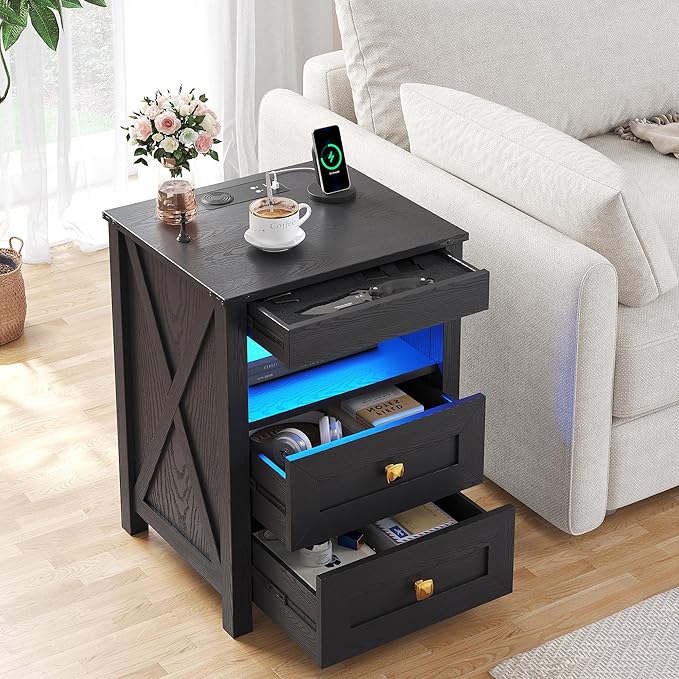 HWB LED Nightstand with Gun Drawer: Bedside Table with Charging Station