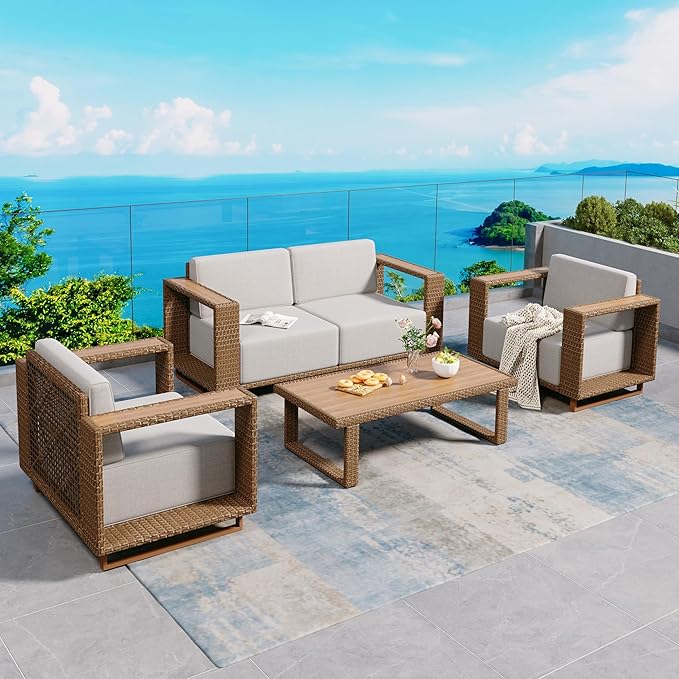 SUNSHINE VALLEY 4 Pieces Patio Furniture Set, Outdoor Rattan Wicker