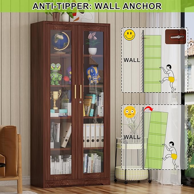 UNICOLY Display Cabinet with Glass Doors, Curio Cabinets with Locking Doors