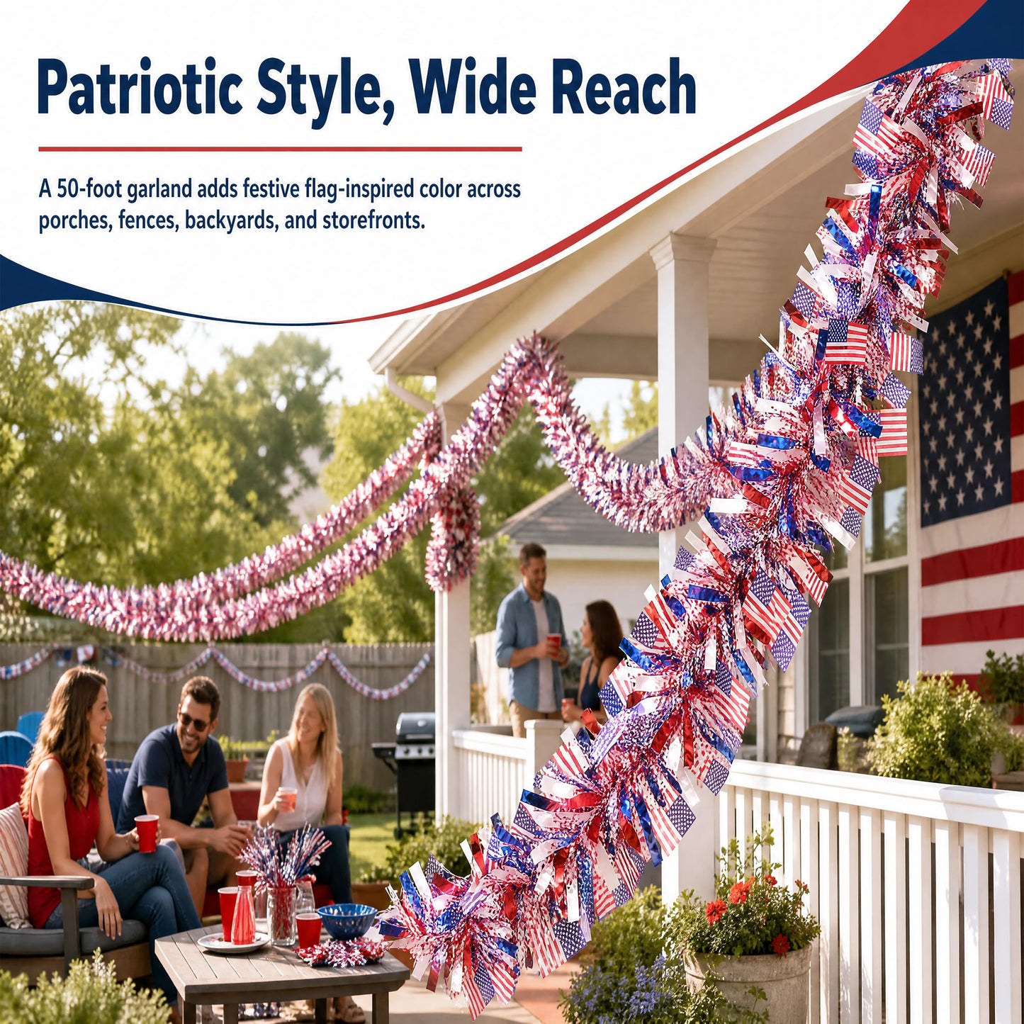 50 FT 4th of July Garland, Indoor & Outdoor Red White and Blue Patriotic Tinsel with American Flags, US Party Decor for Mantel, Stairs, Porch Railings, Golf Cart, Parade Float & America 250
