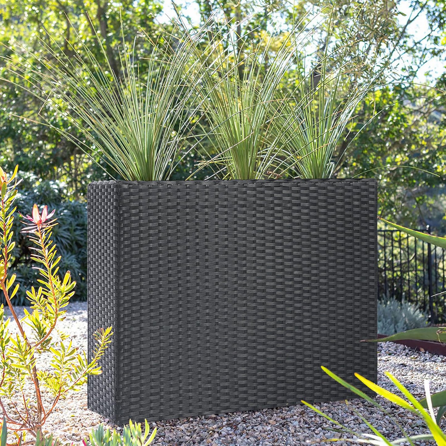 SUNNYPARK Black Rectangular Planter Box All-Weather PE Rattan Large Modern Planters with Removable Liner Indoor Outdoor Decorative Flower Pot for Patio, Balcony, Garden