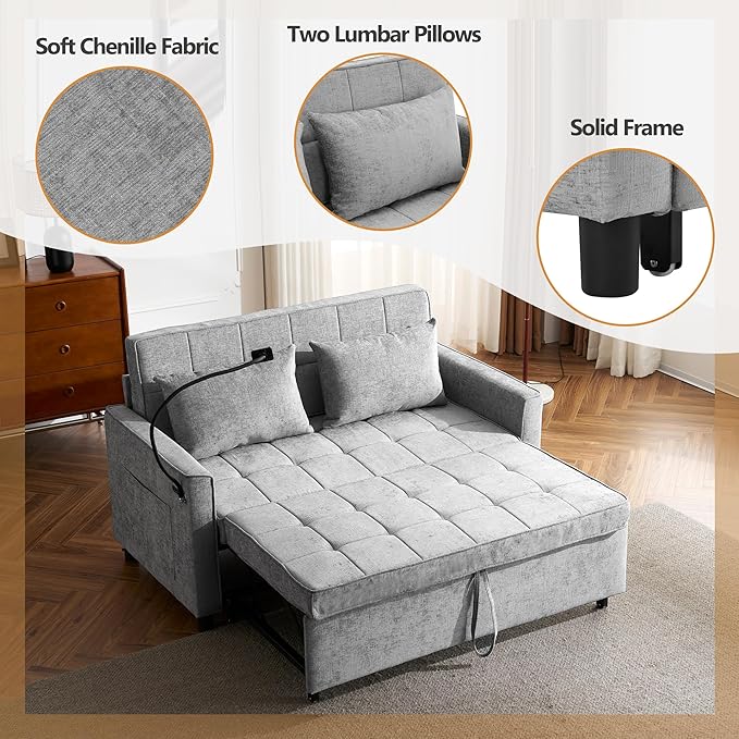 3 in 1 Convertible Sleeper Sofa Bed, 56.9" Small Pull Out Couch Bed