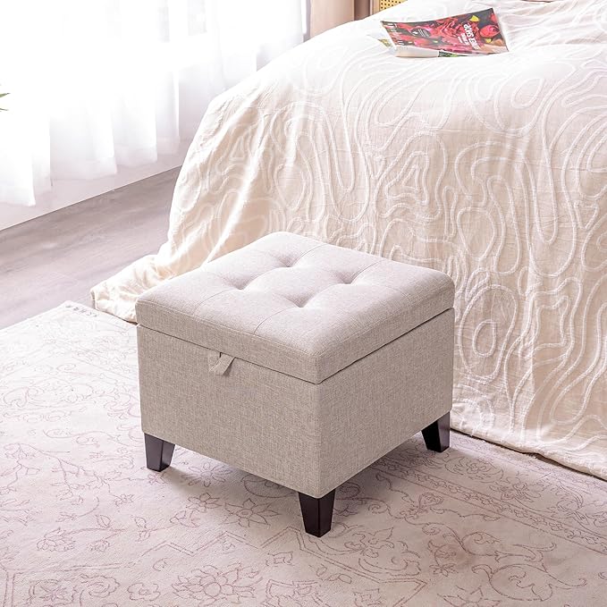 Adeco 18 Inch High Cube Ottoman Storage, Linen Chair Foot Stools, Upholstered
