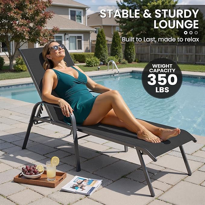 Crestlive Products Outdoor Chaise Lounge Chair, 5-Position Pool Lounge Chairs