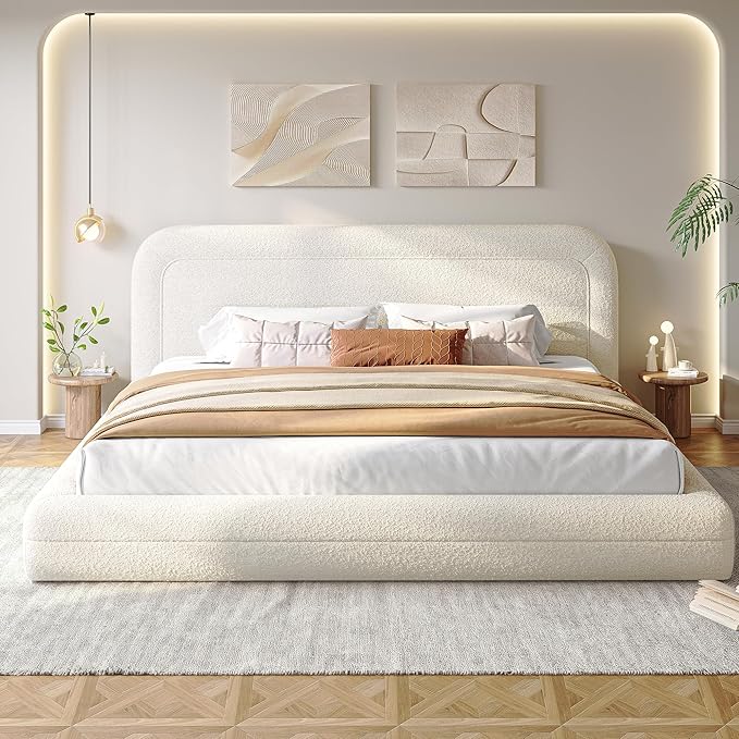 Homkdom Cloud Bed Frame and Headboard, Upholstered Soft King Size Bed Frame