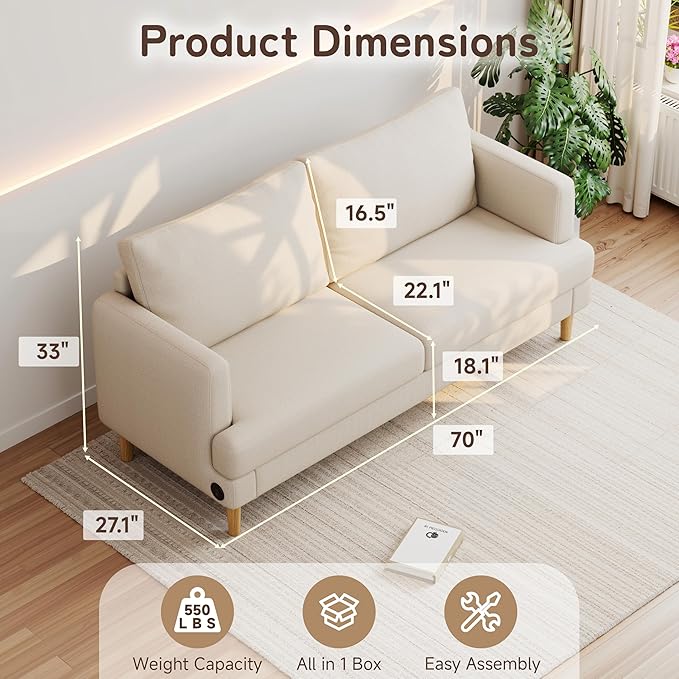 70" Modern Loveseat Sofa with USB Type-C Ports, Linen Fabric 2-Seater Deep Seat