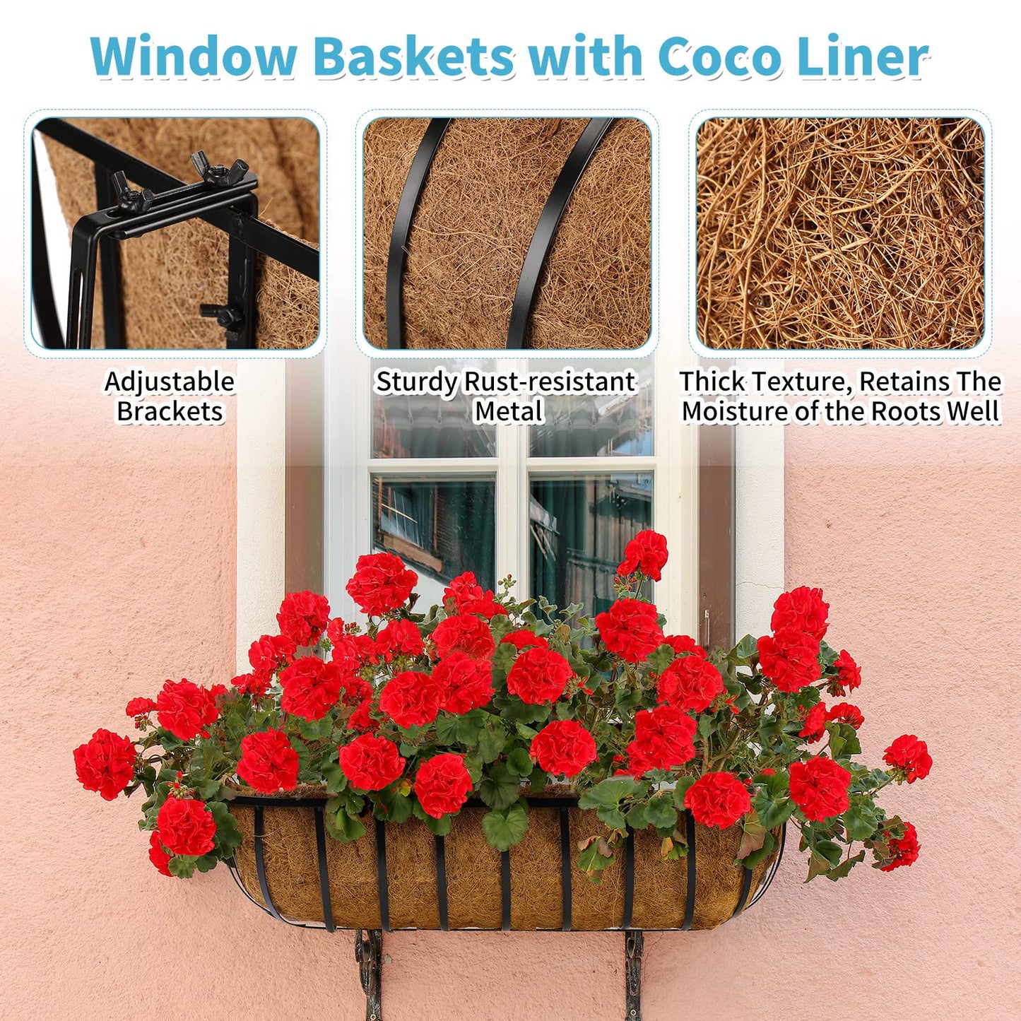 Tessco for you 6 Pieces Railing Planter Boxes, 30 Inches Window Box Planters with Coco Liner and Adjustable Brackets for Deck Porch Fence Patio Balcony Gardening Outdoor Plants