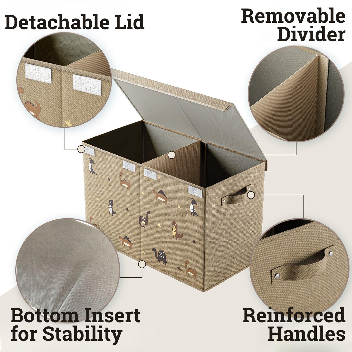 Collapsible Toy Storage Box with Handles, Removable Divider & Detachable Lid - Dinosaur Print Kids Toy Box for Boys & Girls - Storage for Toys Living Room, Bedroom & Playroom - Large Bin for Toys