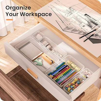 A-LuGei 【46PCS & 5Sizes Clear Drawer Organizer,【Hold 277 Items】 Makeup Organizer, Bathroom Organizers and Storage, Organization and Storage, Organizer Bins for Office Vanity Kitchen Tool Trays