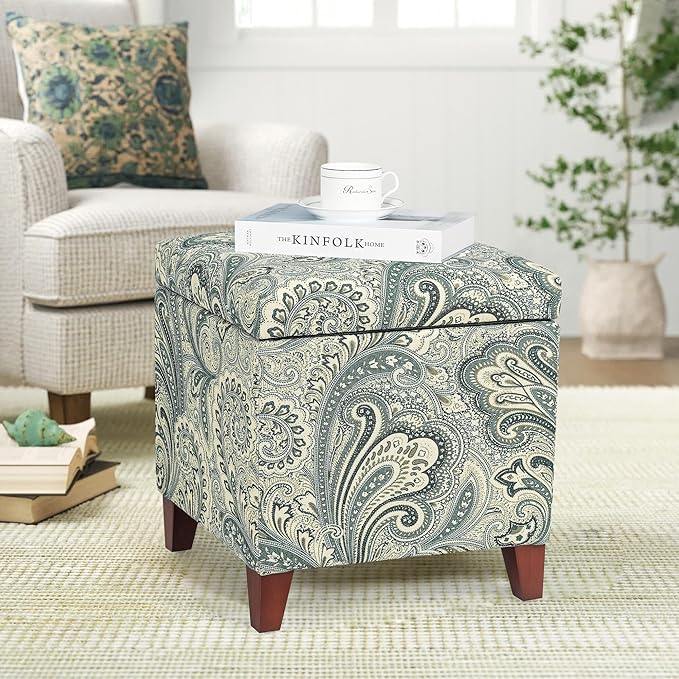 Adeco 18" Cube Storage Ottoman in Blue Paisley, Upholstered Linen Foot Stool &