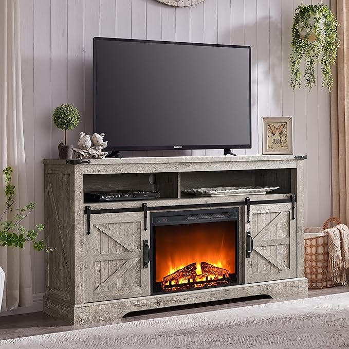 OKD Fireplace TV Stand for 65+ Inch TV, Rustic Media Console w/Sliding Barn