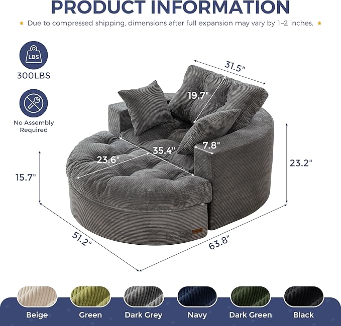 MAXYOYO Oversized Round Chaise Lounge Sofa, Upholstered Lounge Chair