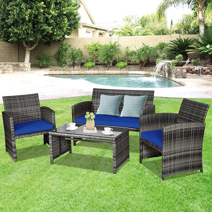 Goplus 4-Piece Rattan Patio Furniture Set, Outdoor Wicker Conversation Sofa
