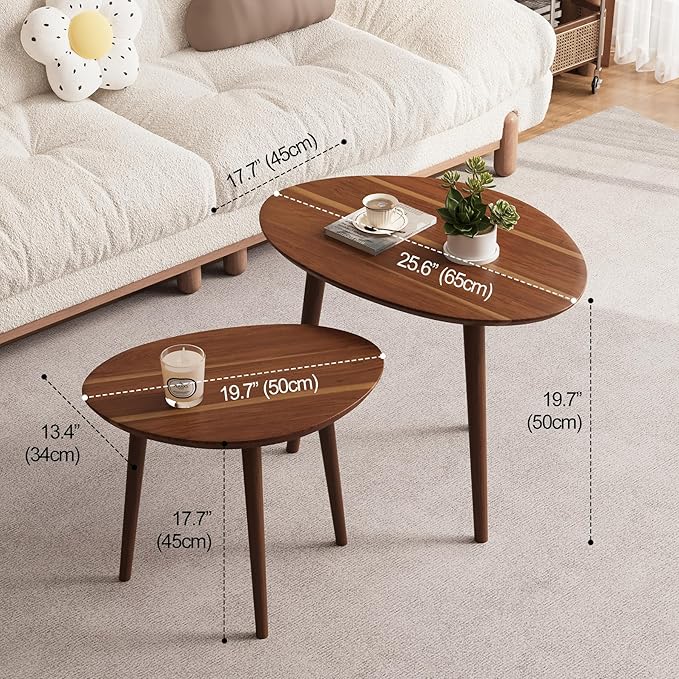 Small Oval Coffee Tables Set, Acacia Wood Nesting Tables（25.6"x17.7"+17.7"x13.4"