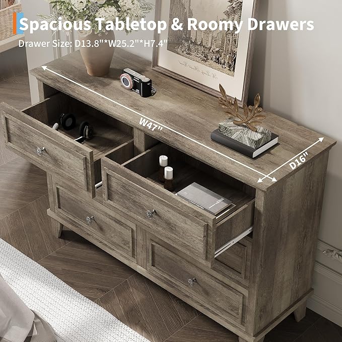 IDEALHOUSE 6 Drawer Dresser, Wooden Storage Chest of Drawers